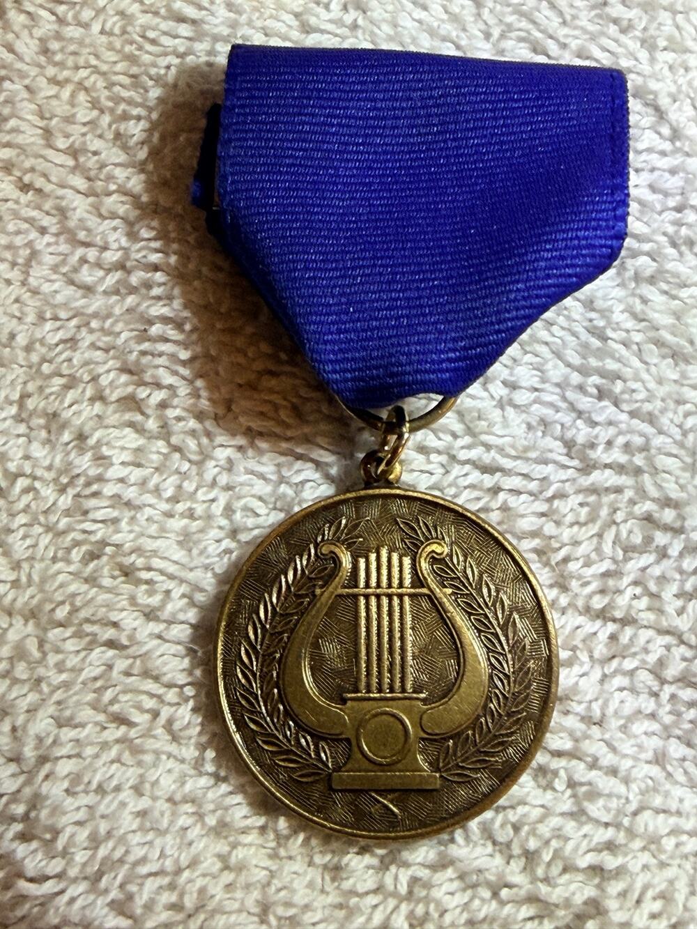 Vintage Music Lyre Medal Purple Ribbon Gold Tone Music Award Pin Back
